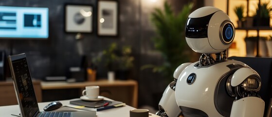 Fototapeta premium Robot assistant working in a modern office with a laptop and coffee during daytime