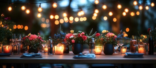 Outdoor dining table setting with flowers and string lights.