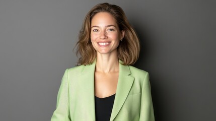 Obraz premium Confident Woman in Green Blazer - Successful, happy, professional, stylish, modern woman. Symbolizing ambition, confidence, achievement, and success.