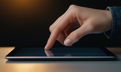 Business woman interacts with digital tablet while working on laptop at office desk