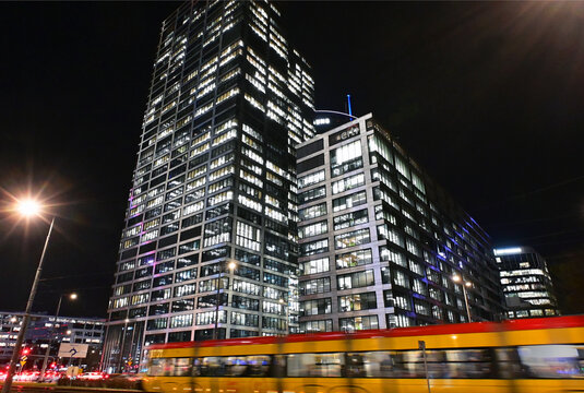 Warsaw, Poland, Europe : tram along  Prosta street, Generation Park office skyscrapers complex with highest building - PZU Nationwide Insurance Company headquarters