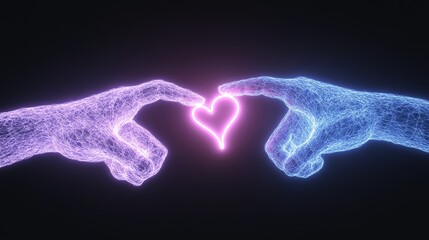 Digital Heart Connection - Two glowing hands gently touch, creating a heart symbol.  Concepts: love, connection, technology, unity, hope.