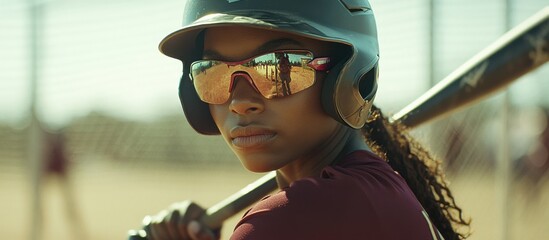 Focused softball player ready to bat during a sunny game