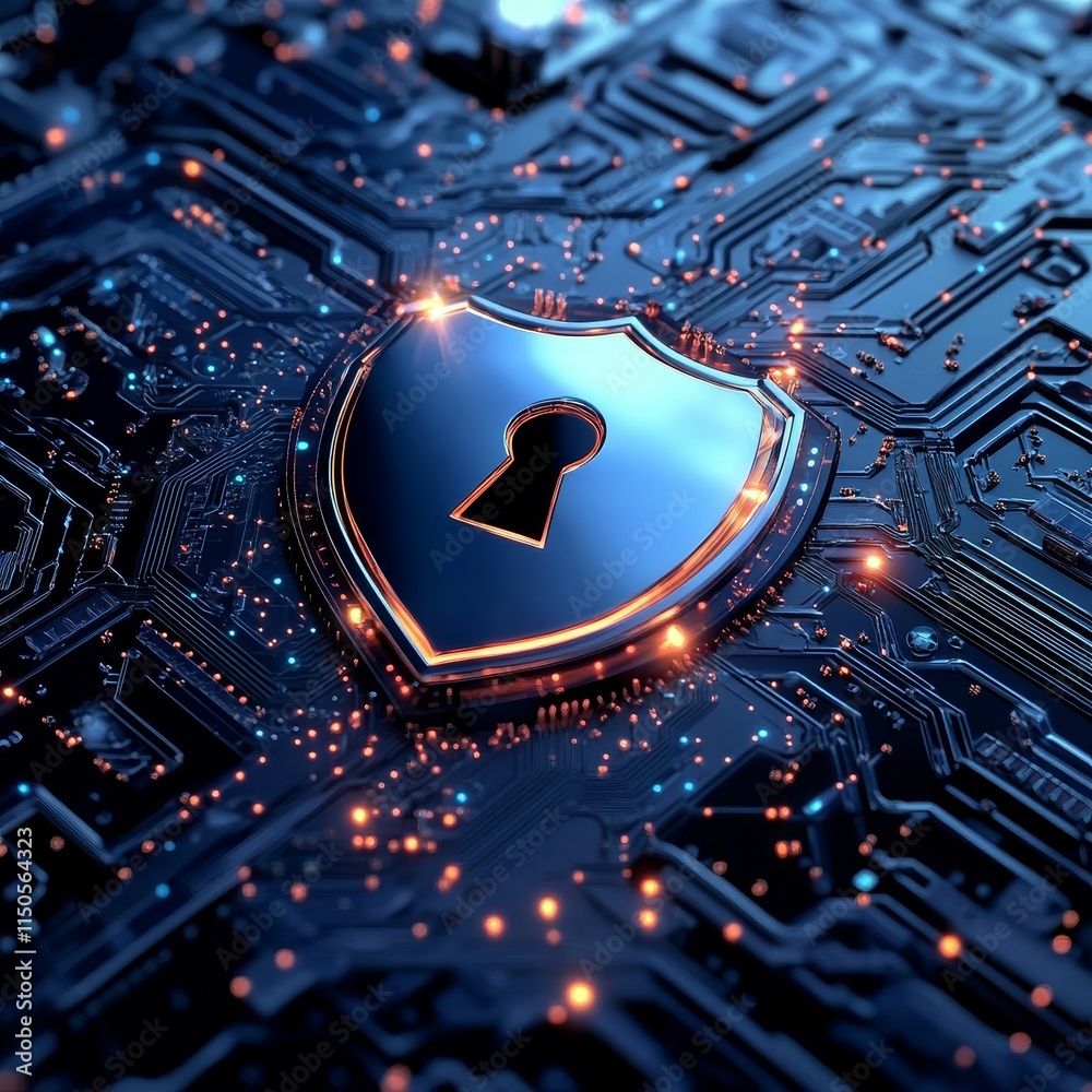 Poster digital security shield on a circuit board illuminated with bright lights and intricate patterns in 