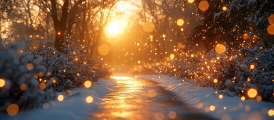 Naklejka premium Magical snowy path in winter forest at sunset.