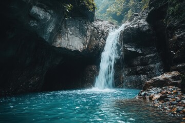 Naklejka premium Serene Waterfall Cascading into a Turquoise Pool