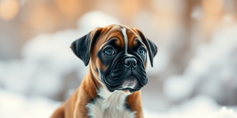 A tiny Boxer puppy is loosening up while sitting in a snowy area, showcasing its playful spirit and bright eyes amid a soft, white backdrop