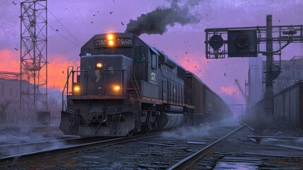 Obraz premium Freight Train at Dusk Urban Center - A freight train passes through an urban center at twilight, symbolizing industry, transportation, progress, transition, and the passage of time.