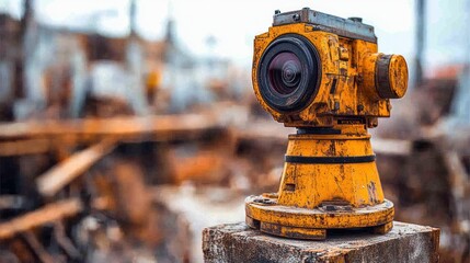 Industrial surveillance camera on a rusty metal base in a demolition site.