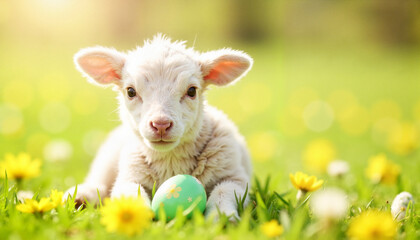 Obraz premium Cute lamb with a playful attitude lying among flowers and an Easter egg in a sunny meadow