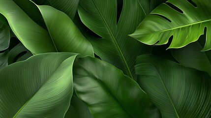Lush Tropical Foliage Background - Vibrant green leaves, tropical plants, nature texture, botanical background, summer mood.
