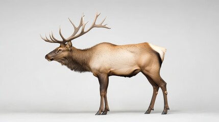 Majestic Elk Standing on White - A large elk stands majestically on a white background, symbolizing strength, wilderness, grace, freedom, and nature.
