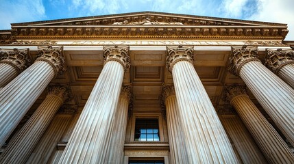 Low angle view of classical stone columns and facade of a government building.