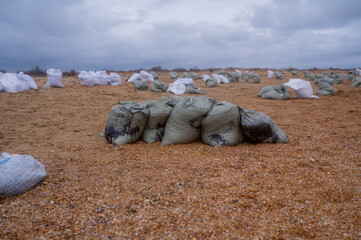 Bags of fuel oil, the fuel oil flows through the bag. Collecting fuel oil along the coastline after...