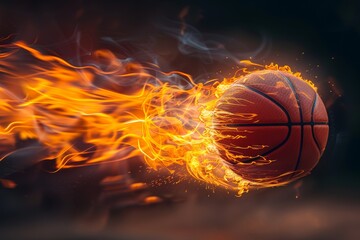 Fiery Basketball: A blazing basketball soaring through the air, leaving a trail of fire and smoke.  A dynamic image representing intense competition and passion.