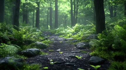 Obraz premium Lush forest path, sunlight filtering through trees, ferns and rocks lining a trail.