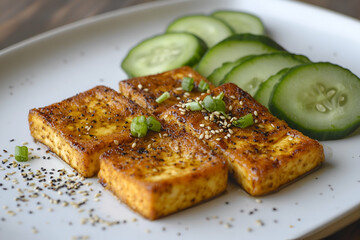 Savor grilled and seasoned tofu accompanied by crisp cucumber slices and decorative green onions