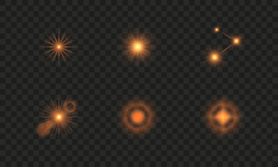 A set of orange light effects on a dark background. Collection of vector flares. Yellow glare. Vector illustration EPS10