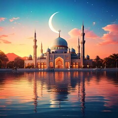 Obraz premium Stunning Mosque Silhouette Beneath a Starry Night Sky with Crescent Moon and Milky Way, Capturing the Beauty of Islamic Architecture at Twilight