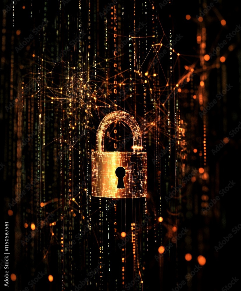 Poster digital security concept with a glowing padlock surrounded by data streams and network connections i