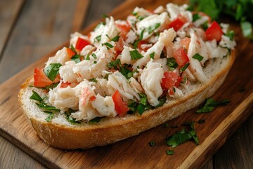 Mediterranean Delight: Baguette Topped with Fresh and Flavorful Crab Salad on a Rustic Wooden Board