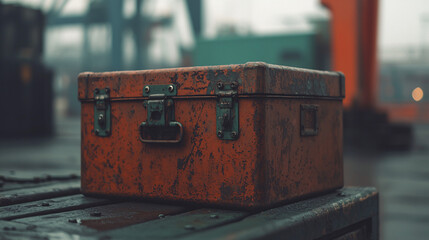 A weathered metal crate, its rusty paint hinting at forgotten journeys and untold stories.  A glimpse into the past, resting on a dark surface.