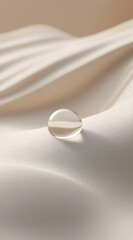 A clear glass sphere resting on soft, draped fabric, creating an elegant, minimalistic scene.