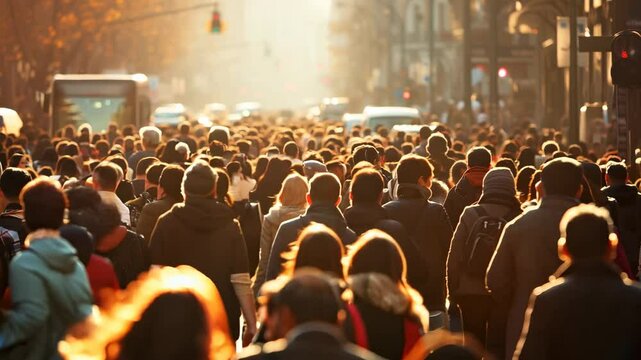 Busy urban street filled with diverse pedestrians during golden hour sunlight