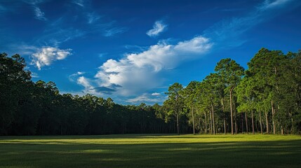 Naklejka premium Serene Landscape Featuring a Forest and Meadow Under a Blue Sky