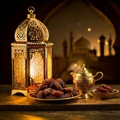 Ornate Golden Plate of Dates with Intricate Lanterns and Islamic Decor - Ramadan and Eid Festive Still Life