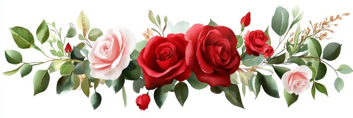 Naklejka premium Watercolor Red and Pink Roses Bouquet - Elegant watercolor painting of red and pink roses, symbolizing love, beauty, passion, romance, and grace. Perfect for wedding invitations, greeting cards, and o