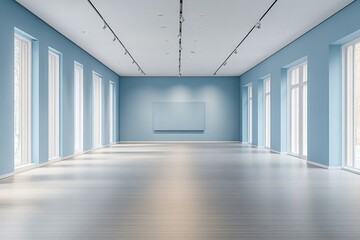 Obraz premium Elegant, Spacious Art Gallery Featuring Sleek Blue Walls and Abundant Natural Light During Daylight Hours
