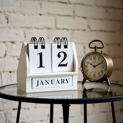 Wooden Calendar Blocks Marking 12 January calendar on Glass	with Vintage Clock 