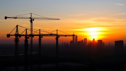 Construction Cranes Silhouette at Sunset Over Cityscape
