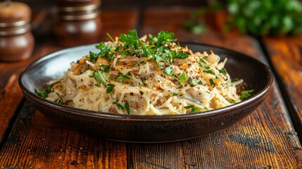 Exquisite Gourmet Lion's Mane Mushroom Dish on Rustic Table | Culinary Delight with Herbs and Spices