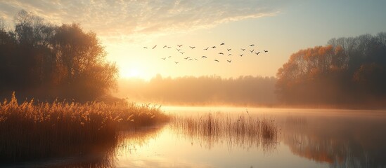 Obraz premium Golden sunrise over a misty lake with birds flying.