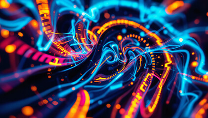 Fototapeta premium Colorful abstract futuristic background with glowing neon lines, shapes, and patterns.