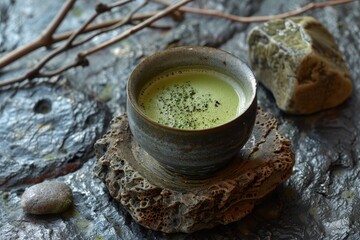 Elegant matcha tea served in a rustic ceramic cup on a textured stone surface with natural elements enhancing the presentation