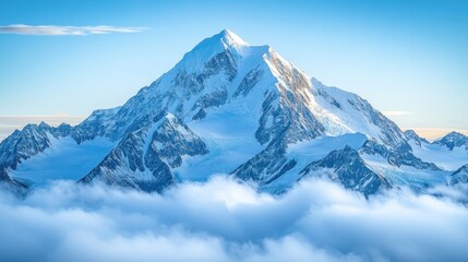 Obraz premium Majestic snow-capped mountain peak rising above a sea of clouds.