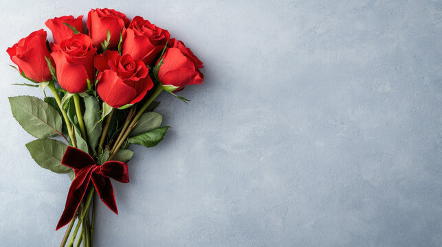 luxurious bouquet of red roses tied with velvet ribbon, symbolizing love and passion, perfect for special occasions or romantic gestures
