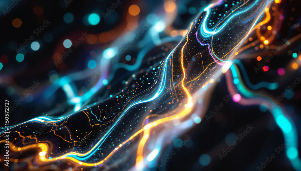 Wall mural colorful abstract waves and lines with glowing particles, create a dynamic and futuristic compositio