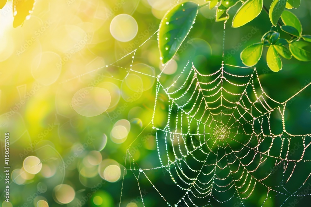 Aufkleber dew-covered spider web glistens in sunlight amidst lush greenery in a serene natural setting during 