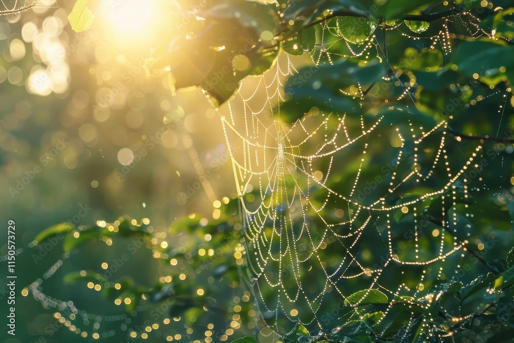 Aufkleber dew-covered spider web glistens in sunlight amidst lush greenery in a serene natural setting during 