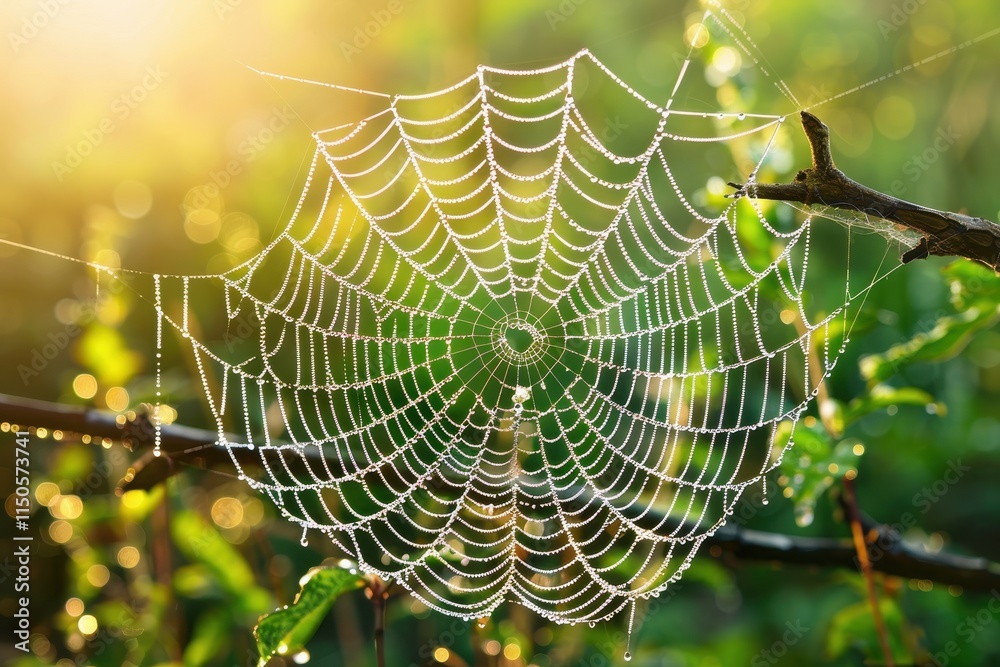 Aufkleber dew-covered spider web glistens in sunlight amidst lush greenery in a serene natural setting during 
