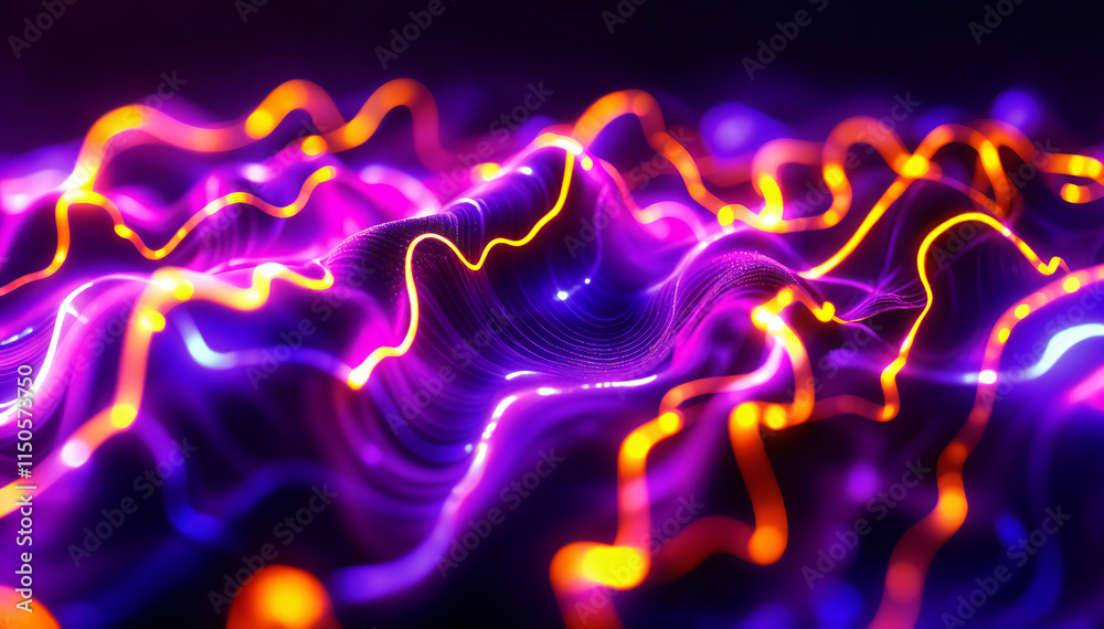 Wall mural colorful abstract waves of energy with lightning-like patterns against a dark background.