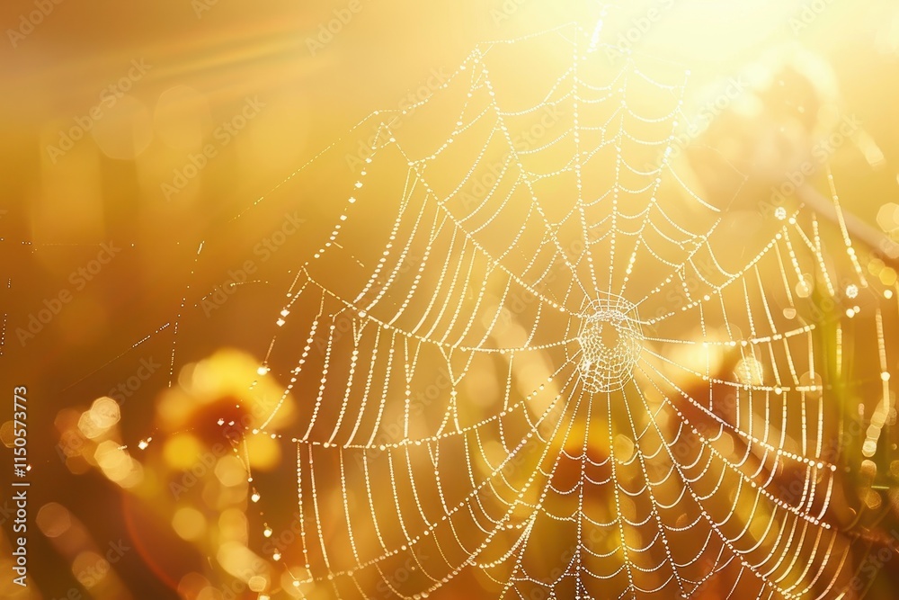 Aufkleber dew-covered spider web glistens in sunlight amidst lush greenery in a serene natural setting during 