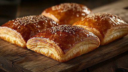 Flaky pastries with golden crust and glaze. Gourmet bakery, fresh pastries, artisan baking, food photography