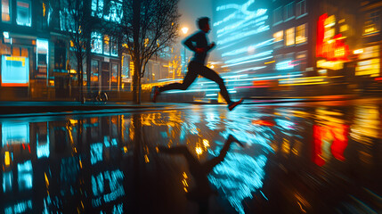 A runner sprinting along a neon-lit city canal at night their reflection shimmering in the water.