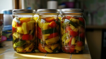 Vibrant Summer Vegetable Preserves in Glass Jars