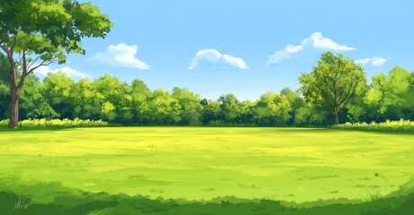 Obraz premium Lush Green Meadow with Trees and a Blue Sky